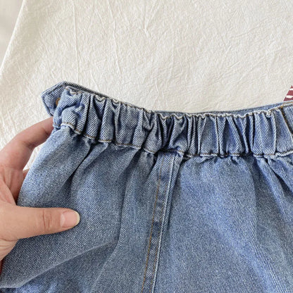 Korean Fashion New Summer Kids Girl Skirt Shorts Solid Elastic Waist Button Soft Denim Culotte Children Versatile Clothing