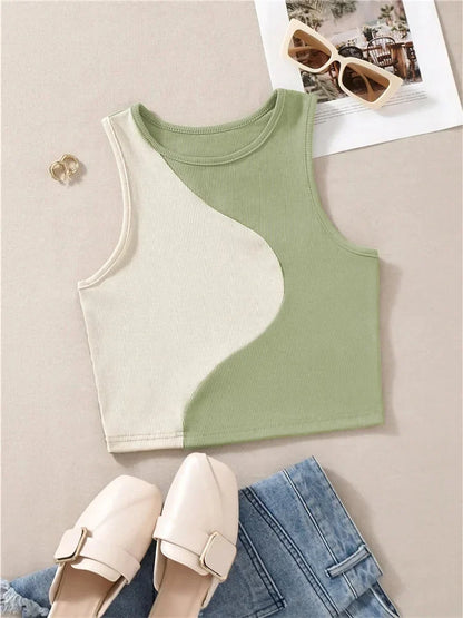 High Street Style Patchwork Rib Knit Sleeveless Crop Top Women Summer Y2K Clothes Korean Fashion Tank Top Tee Streetwear 2023