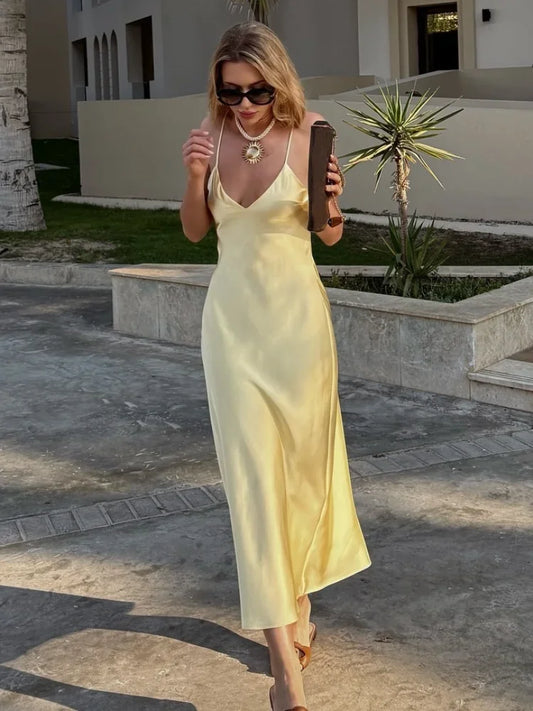 Yellow Elegant Stain Women's Sling Dress Sexy Backless Sleeveless V Neck High Waist Evening Gown Summer Chic Lady Partywear 2025