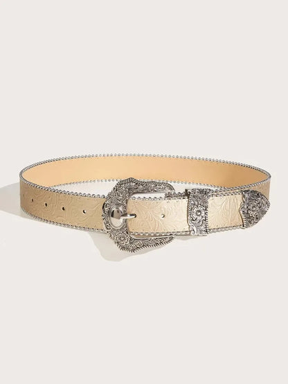 Western PU Leather Belt Western Cowboy Women Cowgirl Unisex Waist Belt with Metal Engraved Buckle