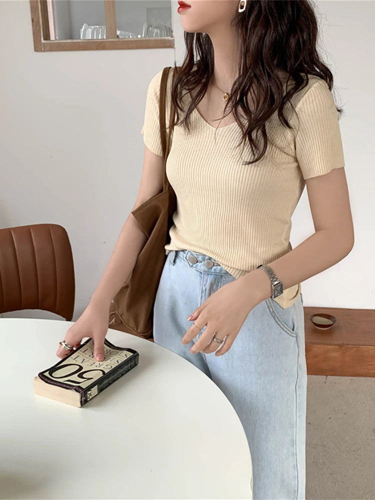 AOSSVIAO 2025 Basic V-neck Solid Thin Summer Pullover Women Female Knitted Ribbed Sweater Slim Short Sleeve Bodycon Sweater