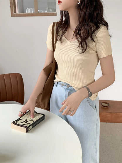 AOSSVIAO 2025 Basic V-neck Solid Thin Summer Pullover Women Female Knitted Ribbed Sweater Slim Short Sleeve Bodycon Sweater