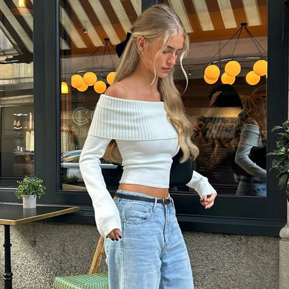 WhereMery Elegant Off Shoulder Ribbed Crop Tops Summer Fashion Casual Solid Skinny Long Sleeve Women's Gentle Y2K Tight T-shirts