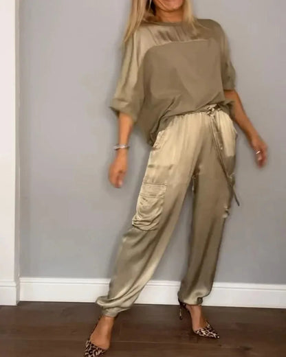 For Women Spring Summer Fashion Solid Color Satin Two Piece Set New O Neck Long Sleeve Top Long Pants Casual Loose Two Piece Set