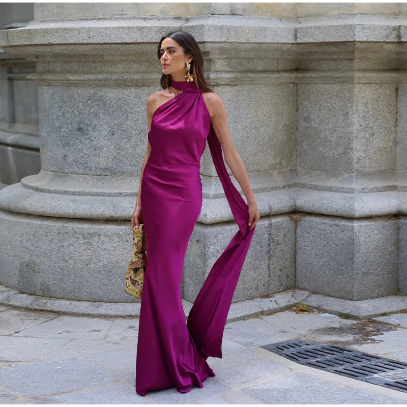 Elegant Solid Ribbon Women Halter Dress Off Shoulder Sleeveless Backless Slim Female Maxi Dresses 2025 Summer New Chic Lady Robe