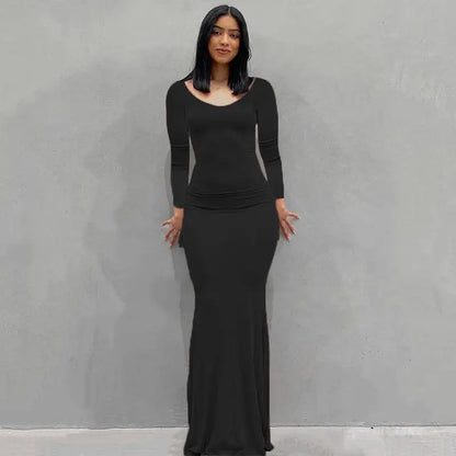 2025 Autumn Long Sleeve Dresses For Women Sexy V Neck Bodycon Solid Elegant Long Dress Y2k Skinny Trumpet Maxi Vestidos