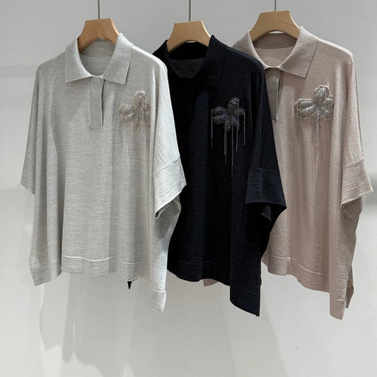 25 Italy Classic Old Money Style Silk Sheep Wool Suit Women's Animal Embroidery Summer Elegant Travel Short Sleeve Wide Pants