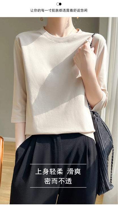 Spring And Summer New White Mercerized Cotton Short Sleeve T-Shirt Feminine Joker Cotton Cropped Sleeve Bottoming Shirt