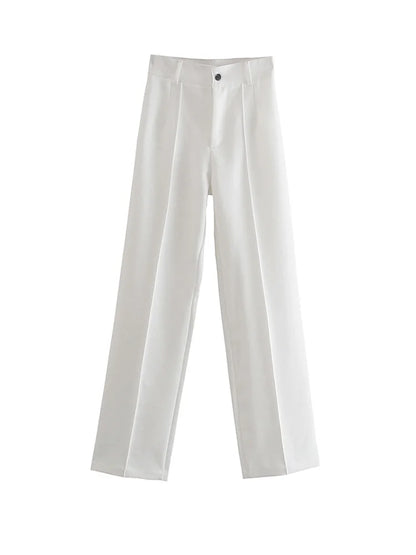 TRZA Women Chic Fashion Office Wear Straight Pants Vintage High Waist Zipper Fly Female Trousers Mujer