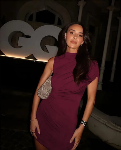 Balitops Summer Draped Ruched Sexy Mini Dress Women 2025 New Irregular High Waist Slim Fit Dress Female Elegant Club Tank Dress