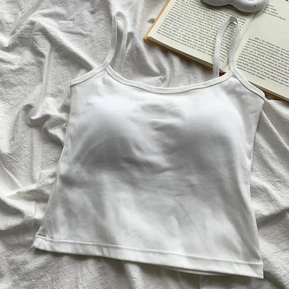 Women's Solid Color Spaghetti Straps Sleeveless Slim Camisole with Chest Pad Cotton Summer Wear Outside Female Short Tops Vests