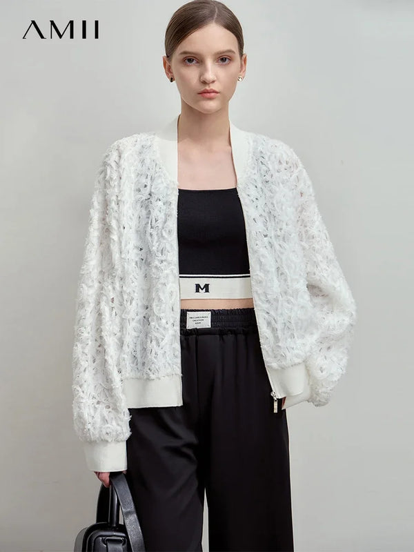 AMII Minimalist Zipper Jacket Women 2025 Spring New V Neck Stereoscopic Hollow Flowers Drop Sleeve Loose Casual Tops 12541004