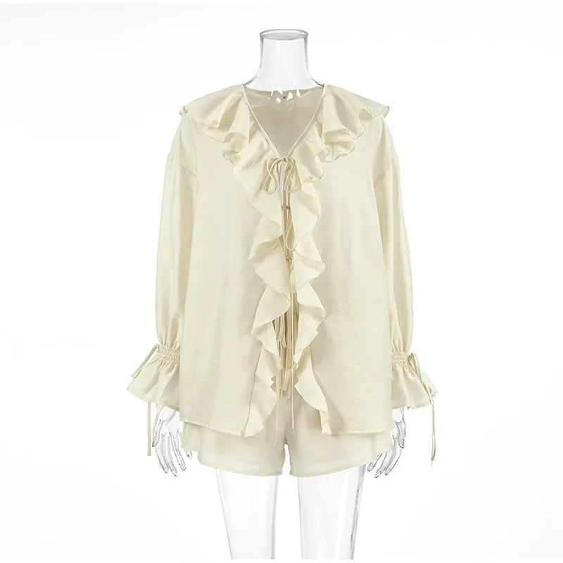 Fashion Solid Women 2 Piece Set Casual Flare Sleeve Lotus Leaf Edge Lace Up Mesh Sheer Shorts Suit 2025 New Lady Commute Outfit