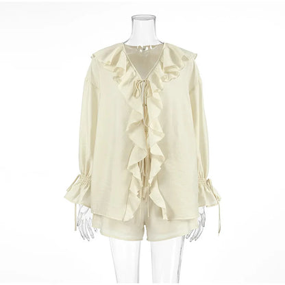 Fashion Solid Women 2 Piece Set Casual Flare Sleeve Lotus Leaf Edge Lace Up Mesh Sheer Shorts Suit 2025 New Lady Commute Outfit