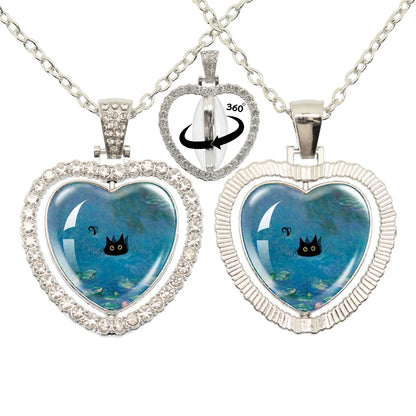 Lovely Little Cat Glass Cabochon 360 Degree Rotating Heart Shaped Pendant With Double-Sided Necklace For Girls' Birthday Gift Je