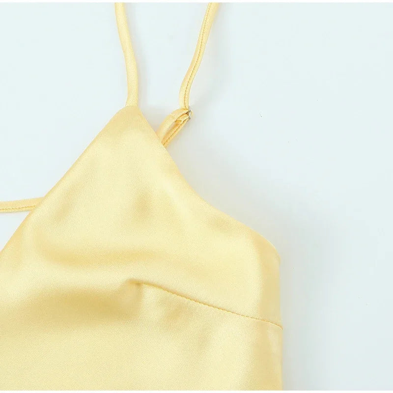 Yellow Elegant Stain Women's Sling Dress Sexy Backless Sleeveless V Neck High Waist Evening Gown Summer Chic Lady Partywear 2025