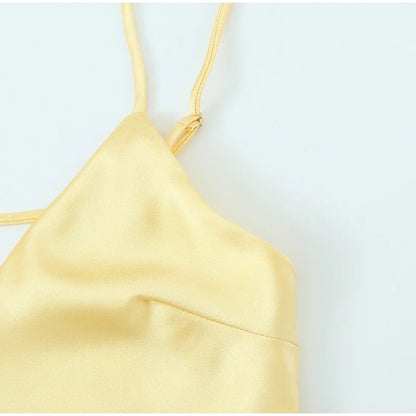 Yellow Elegant Stain Women's Sling Dress Sexy Backless Sleeveless V Neck High Waist Evening Gown Summer Chic Lady Partywear 2025