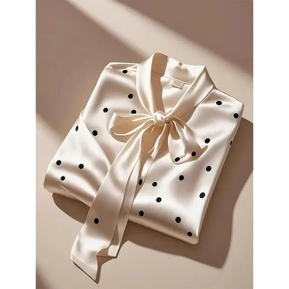 Women High Quality Satin Polka Dot Print Shirt Office Lady Business Casual Elegant Chic Blouse Lace-up Bow Long Sleeve Loose Top