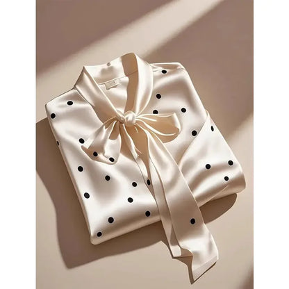 Women High Quality Satin Polka Dot Print Shirt Office Lady Business Casual Elegant Chic Blouse Lace-up Bow Long Sleeve Loose Top