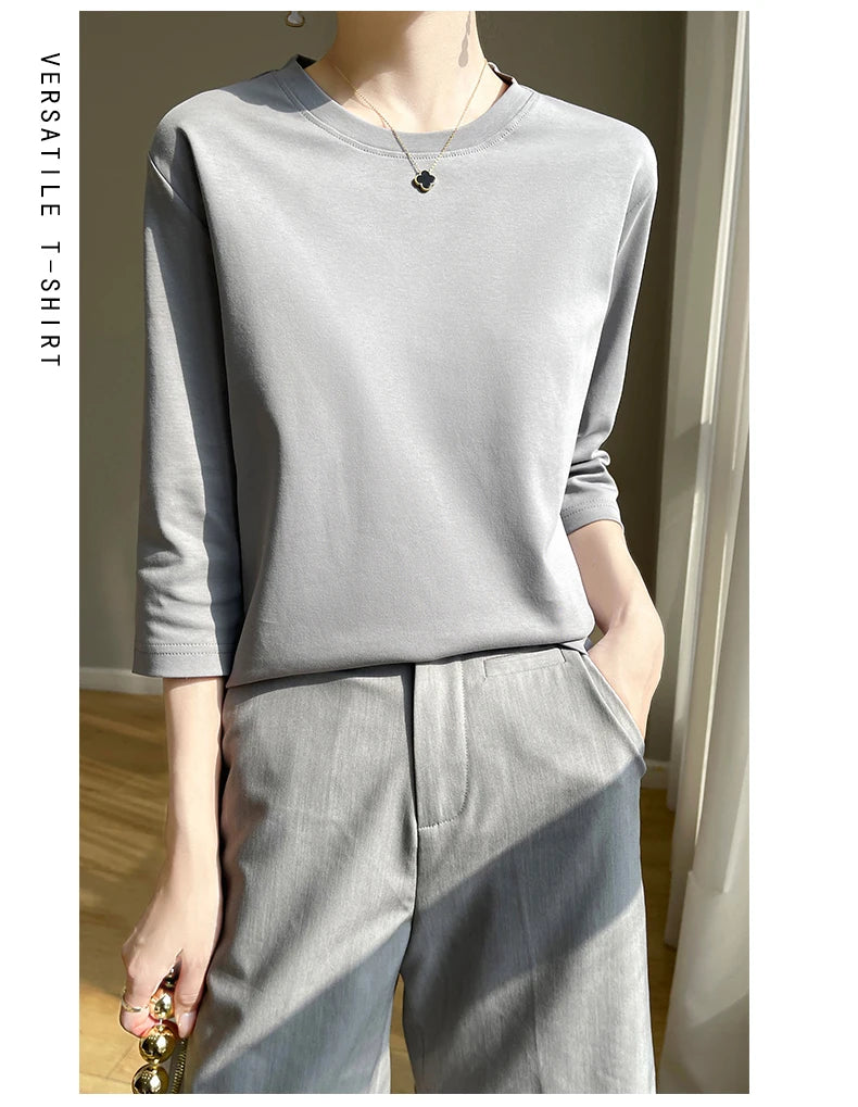 Spring And Summer New White Mercerized Cotton Short Sleeve T-Shirt Feminine Joker Cotton Cropped Sleeve Bottoming Shirt