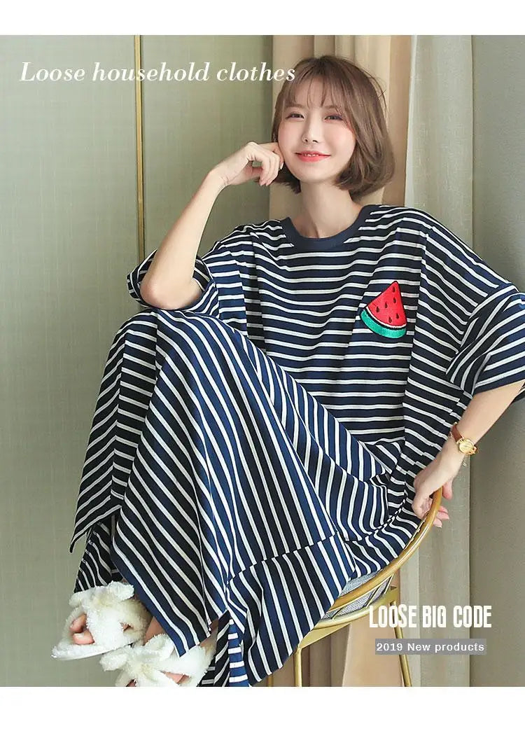 Summer Pajama Dress Female Short-Sleeved Cartoon Homewear Lengthened Plus Size Striped Student Pajamas Easy To Wash Long Clothes