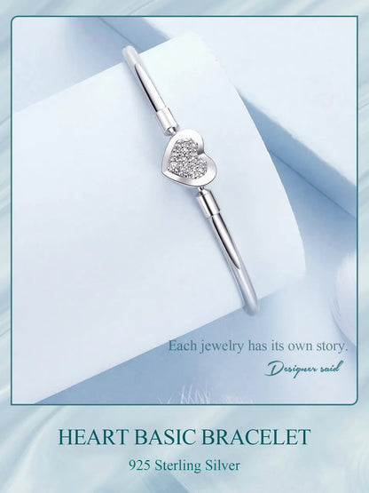 BAMOER Genuine 925 Sterling Silver Charm Glossy Bracelet Heart/Shell Clasp Basic Bangle Star Spacer Beads for Women DIY Jewelry