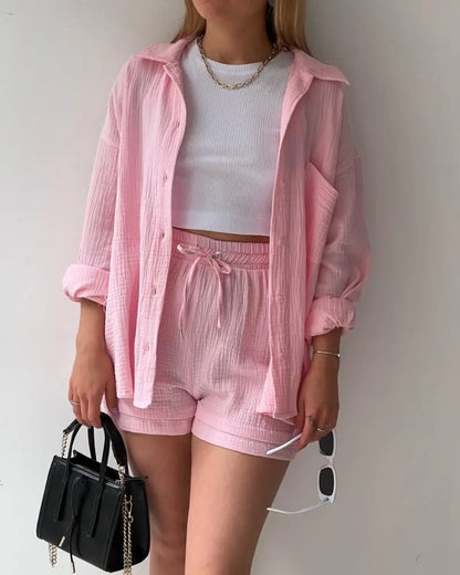 Solid Color Casual Loose Short Pants Sets For Women 2025 Elegant Summer Women's Two Pieces Suit Full Set Female Outfit Clothes
