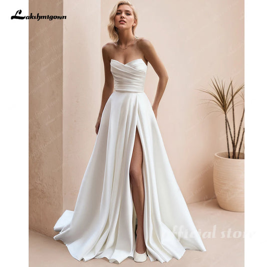 Lakshmigown Strapless Satin Wedding Dresses with Slit 2025 New Bridal Gowns Robe Sweep Train Sexy Vestidos De Novia Customized