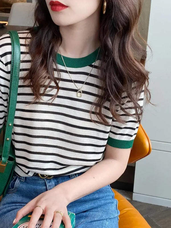 2025 Stripe Tops Women Knitted Round Collar Summer Print Short Sleeve Casual Simple Wild T-Shirt