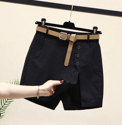 Chic Shorts Women Belt Korean Solid Buttons Side Slit A-line Streetwear Fashion Skirts Chic Harajuku Summer Loose Pants