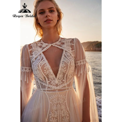 Hippie Flowy Lace Boho Bohemian Backless Wedding Dress with Cape 2025 Customzied Bridal Gown for Women robe mariée bohème Elopem