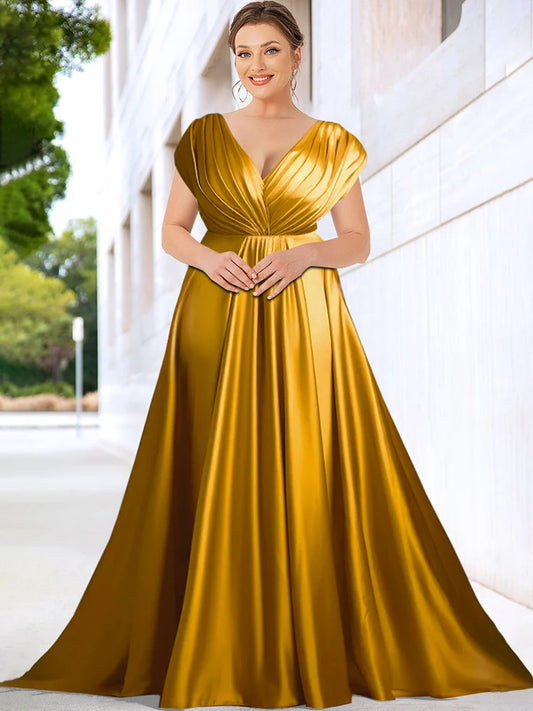 Women's Plus Size V Neck Short Sleeve Evening Party Dress Temperament Solid Colour Long Cocktail Satin High Waist Summer Dresse