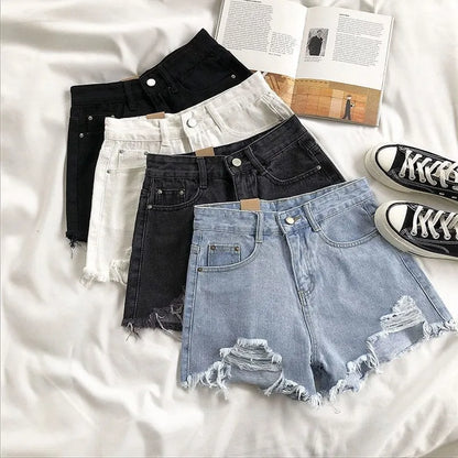 Y2K Vintage Tassel Denim Shorts Fashion Women High Waist Ripped Pocket Korean Jeans Casual Streetwear Blue Solid Hot Trousers