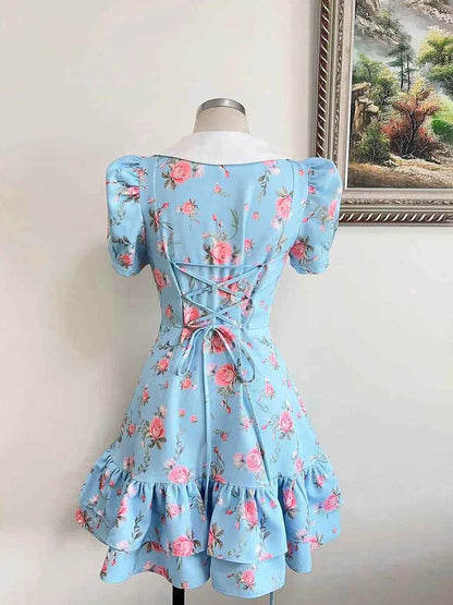 Tornova Print Puff Sleeves Ruffled Dress Women's V-Neck High Waist Pearl Buttons Mini Dress Female Casual Vacation Fashion Dress
