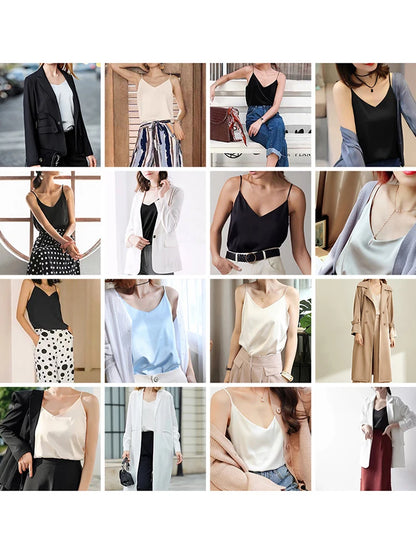 AOSSVIAO 2025 Spaghetti Strap Top Women Halter V Neck Basic White Cami Sleeveless Satin Silk Tank Tops Women'S Summer Camisole