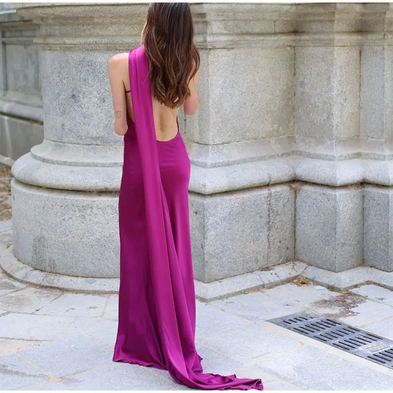 Elegant Solid Ribbon Women Halter Dress Off Shoulder Sleeveless Backless Slim Female Maxi Dresses 2025 Summer New Chic Lady Robe