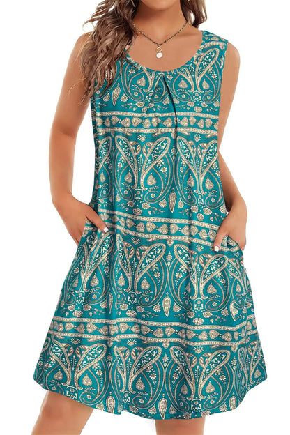 Bohemian Print New Casual Sleeveless Long Women's Round Neck Dress Retro Dress Sweetheart Rustic Country Sleeveless Dress