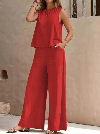 QX Womens Sleeveless Summer 2025 Pants Suit Flash Sale Solid Color Elegant Two Piece Round Neck Suit