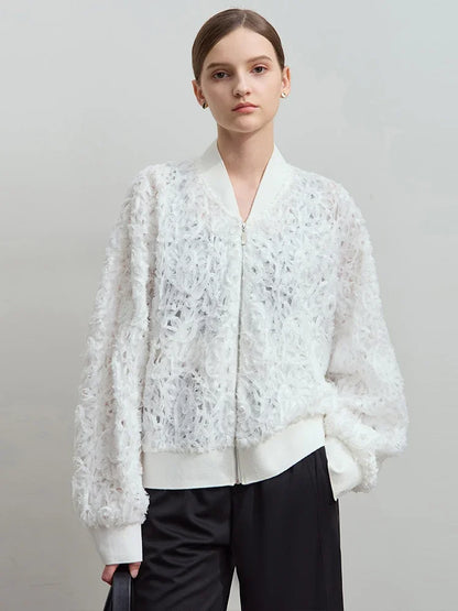 AMII Minimalist Zipper Jacket Women 2025 Spring New V Neck Stereoscopic Hollow Flowers Drop Sleeve Loose Casual Tops 12541004