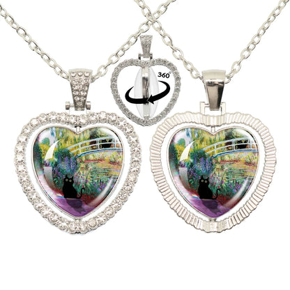 Lovely Little Cat Glass Cabochon 360 Degree Rotating Heart Shaped Pendant With Double-Sided Necklace For Girls' Birthday Gift Je