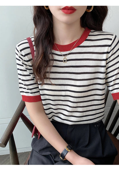 2025 Stripe Tops Women Knitted Round Collar Summer Print Short Sleeve Casual Simple Wild T-Shirt