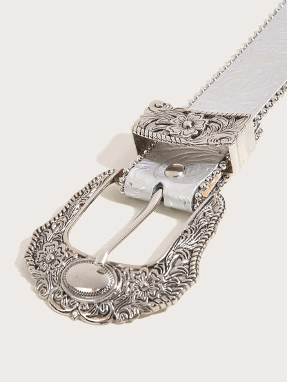 Western PU Leather Belt Western Cowboy Women Cowgirl Unisex Waist Belt with Metal Engraved Buckle