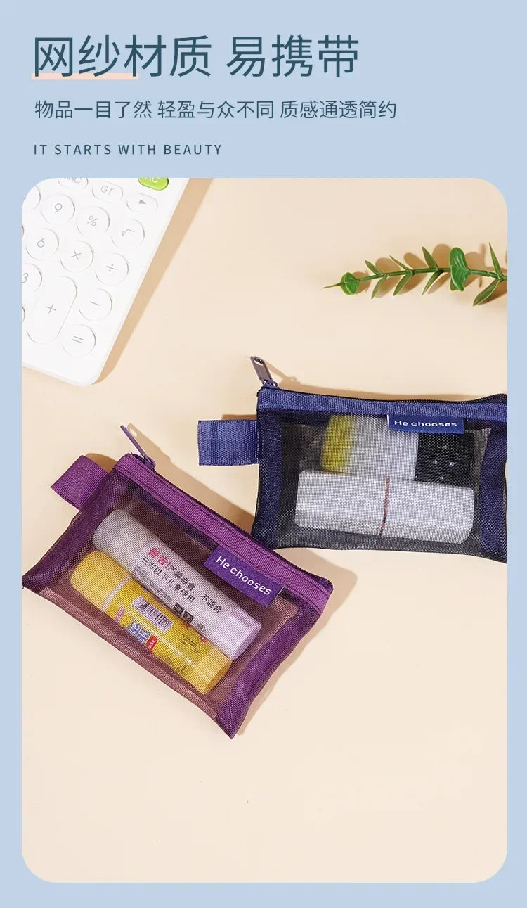 Small Square Solid Color Coin Bag Nylon Mesh Lipstick Key Earphone Organizer Holder Bus Bank ID Credit Cards Pouch Case Storage