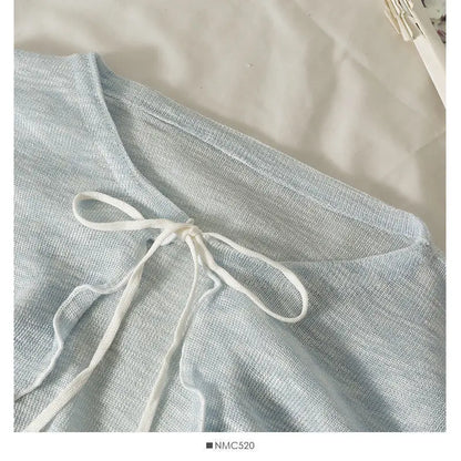 Women Frenum Cardigan Blouses and Tops Bow Lace Up Long Sleeve Crop Top Female Elegant Shirt Thin Aesthetic Clothes Korean Style