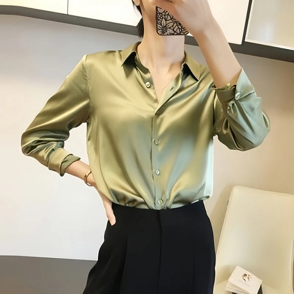 French Elegant Women Satin Glossy Shirt Summer Solid Loose Long Sleeve Blouses Office Lady's All-Match Shirt Vintage Casual Top