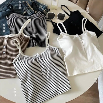 White Stripe Small Cami Women Autumn Gyaru Sexy Button Slim fit Short With Chest Pad Top NS5861