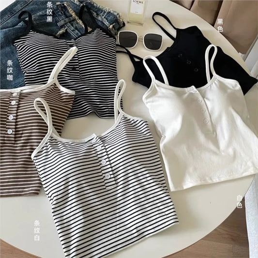 White Stripe Small Cami Women Autumn Gyaru Sexy Button Slim fit Short With Chest Pad Top NS5861
