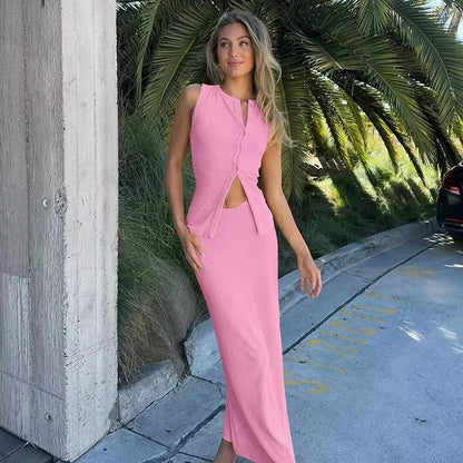 Dulzura Matching Suit Sleeveless Ribbed Single-Breasted Top Shirt Maxi Skirt 2024 Spring Summer Women'S Clothing Sexy Streetwear