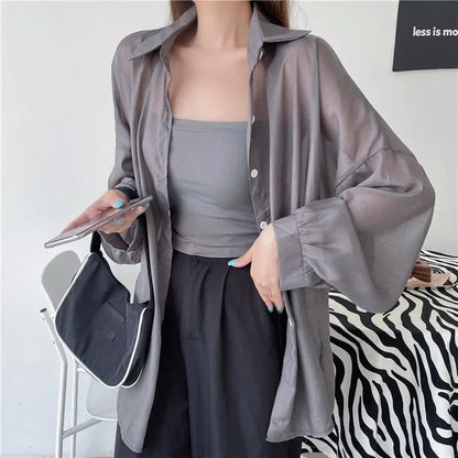 Xpqbb Women's White Chiffon Shirt Sheer Thin Long Sleeve Sun Protection Blouse Woman Casual Loose Simple Single-breasted Shirts