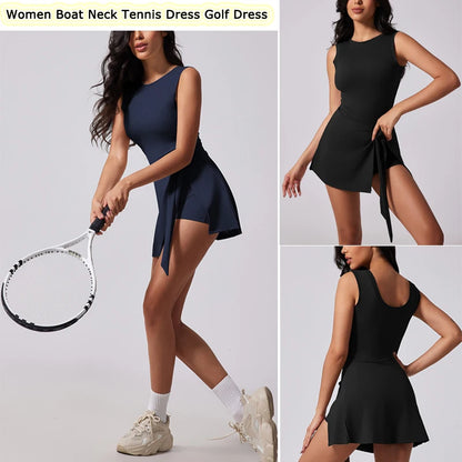 VITALINOVO Tennis Dress for Women with Built in Shorts Womens Athletic Dresses Sleeveless Boat Neck Active Workout Skort Dress